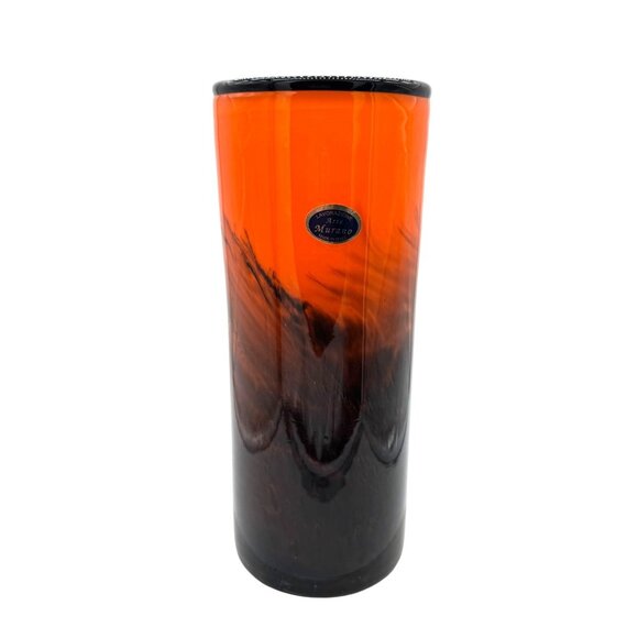 LAVORAZIONE MURANO MCM ITALIAN ORANGE BLACK PULLED FEATHER HANDBLOWN GLASS VASE - Picture 2 of 7